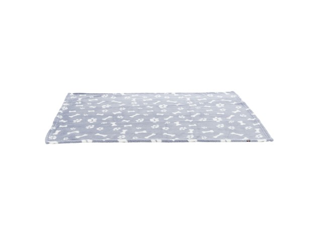 Manta Kenny azul para perrros, Protege muebles, de felpa azul con motivos decorativos de huellas y huesitos