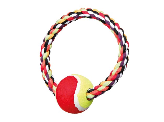 Juguete Trixie Aro De Cuerda Con Pelota De Tenis, Para perros, indicado para el juego de trira y afloja