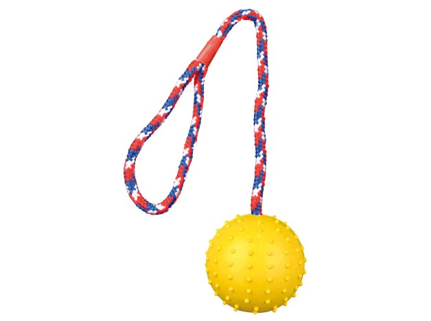 Pelota de caucho con cuerda y asa de Trixie, para jugar a lanzar y traer con tu perro