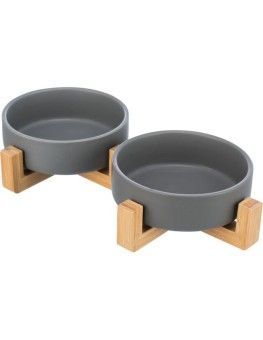 Soporte de bambu con cuencos de porcelana para perros