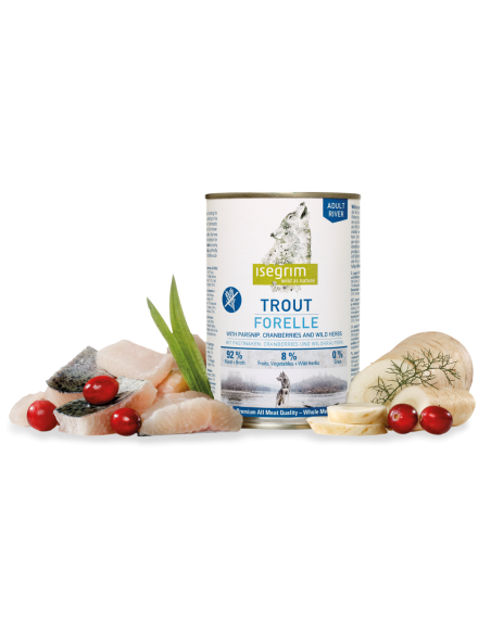 Latas Isegrim 400 gr. de trucha, Alimento Húmedo para perros