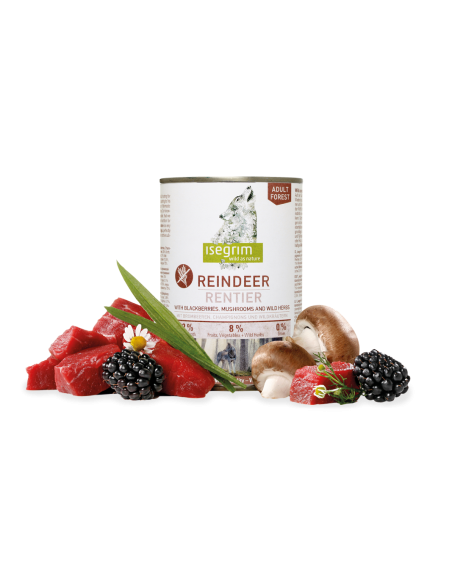 Latas Isegrim 400 gr, carne de reno,, Comida Húmeda super premium para perros